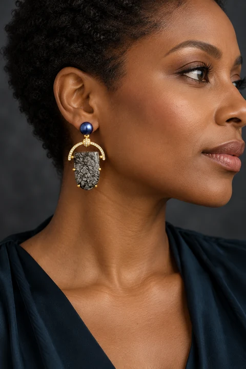 The Sidonie Waltz Earrings worn on a model — AI-generated styling preview