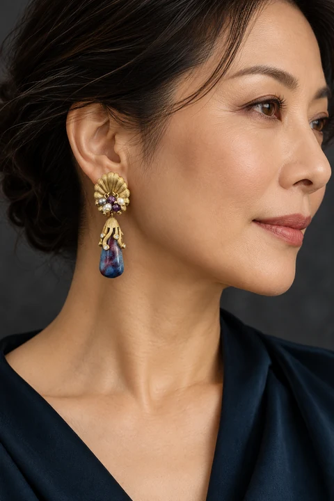 The Delphine Arabesque Earrings worn on a model — AI-generated styling preview