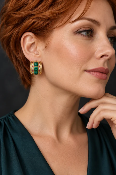 The Sylvie Rhapsody Earrings worn on a model — AI-generated styling preview
