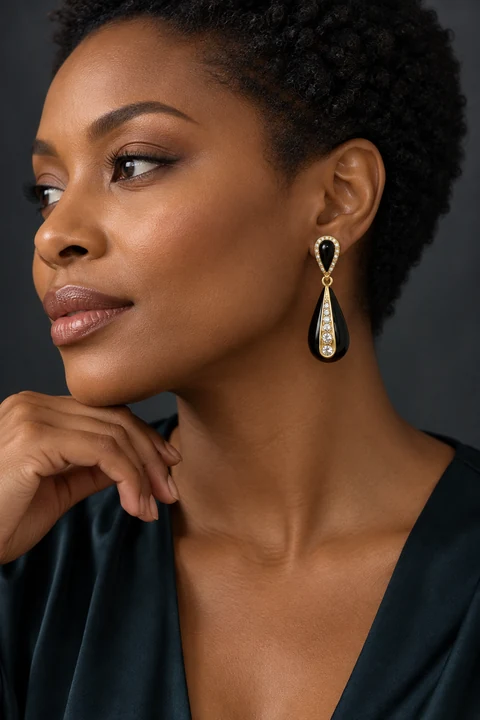 The Avril Arabesque Earrings worn on a model — AI-generated styling preview