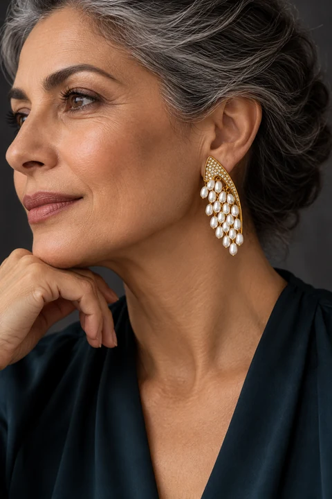 The Joséphine Sonnet Earrings worn on a model — AI-generated styling preview