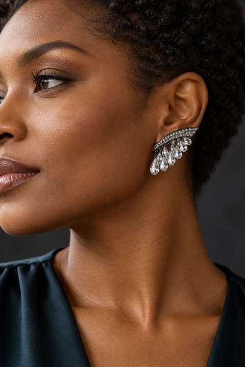 The Joséphine Sonnet Earrings worn on a model — AI-generated styling preview