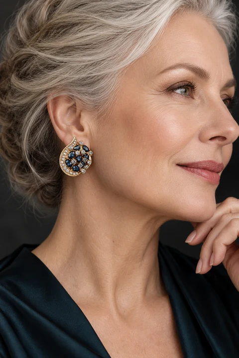 The Florence Sonnet Blue Earrings worn on a model — AI-generated styling preview