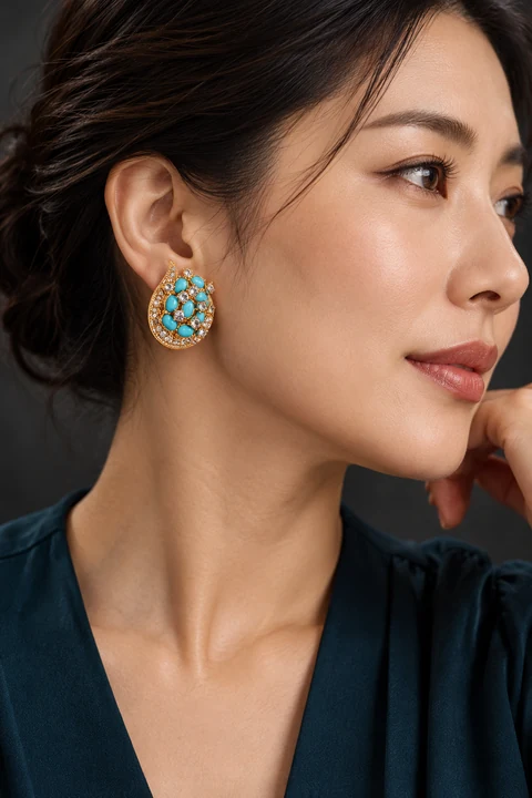 The Florence Sonnet Turquoise Blue Earrings worn on a model — AI-generated styling preview