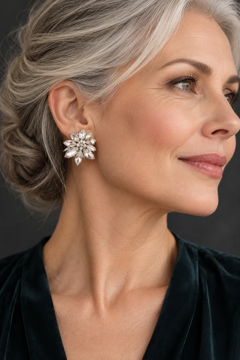 The Astrid Poème Earrings worn on a model — AI-generated styling preview