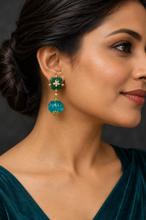 The Diane Sonata Earrings worn on a model — AI-generated styling preview