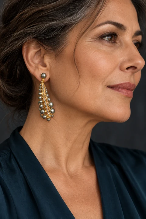 The Vivienne Promenade Grey Earrings worn on a model — AI-generated styling preview