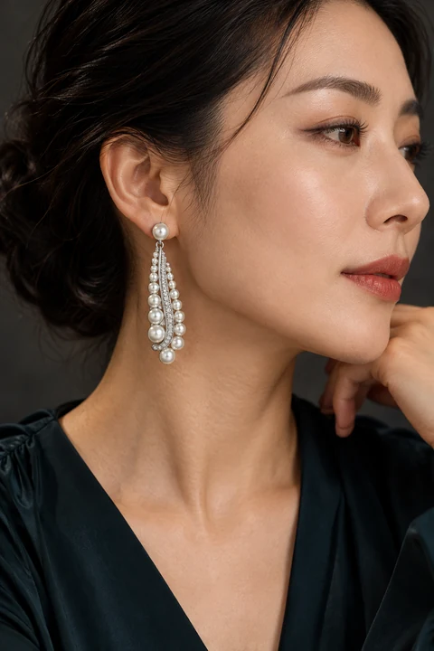 The Vivienne Promenade White Earrings worn on a model — AI-generated styling preview