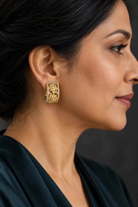 The Avril Nocturne Earrings worn on a model — AI-generated styling preview