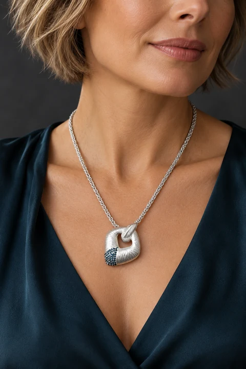 The Inès Sonata Necklace worn on a model — AI-generated styling preview