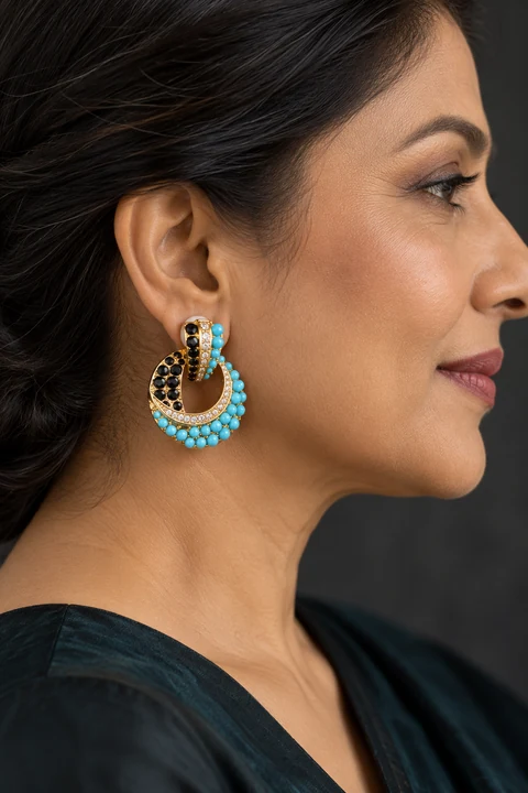 The Anastasie Rhapsody Earrings worn on a model — AI-generated styling preview
