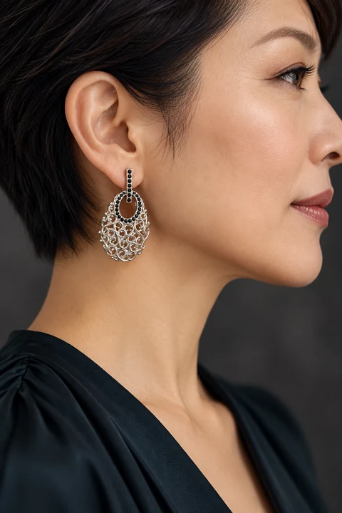 The Pénélope Sonata Earrings worn on a model — AI-generated styling preview