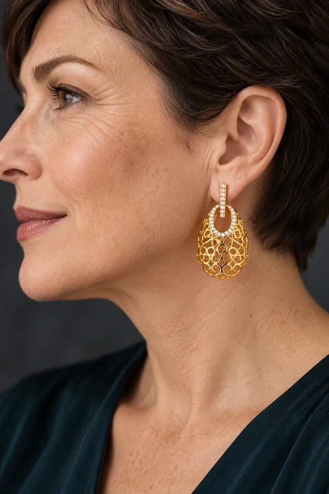 The Pénélope Sonata Earrings worn on a model — AI-generated styling preview