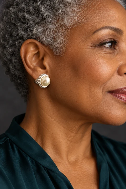 The Flora Poème White Earrings worn on a model — AI-generated styling preview