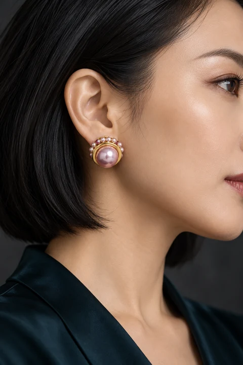 The Flora Poème Pink Earrings worn on a model — AI-generated styling preview