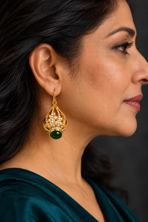 The Lise Reverie Earrings worn on a model — AI-generated styling preview