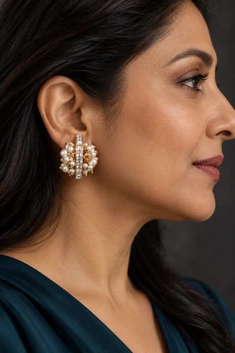 The Nadine Arabesque Earrings worn on a model — AI-generated styling preview