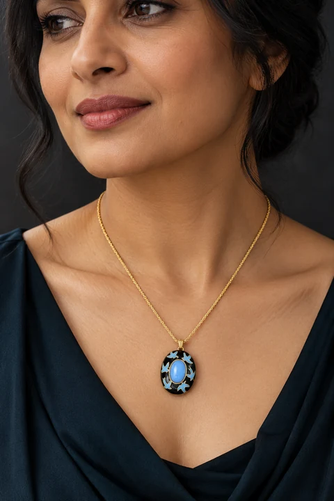 The Véronique Muse Necklace worn on a model — AI-generated styling preview