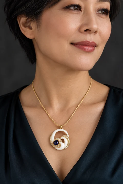 The Jeanne Fleur Blue Necklace worn on a model — AI-generated styling preview