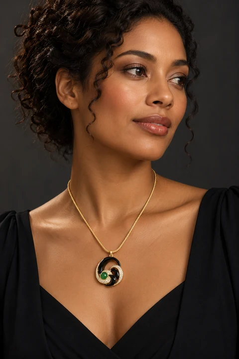 The Jeanne Fleur Green Necklace worn on a model — AI-generated styling preview