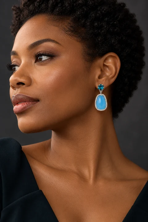The Estelle Sonnet Earrings worn on a model — AI-generated styling preview