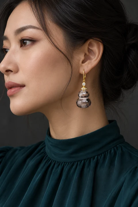 The Simone Arabesque Earrings worn on a model — AI-generated styling preview