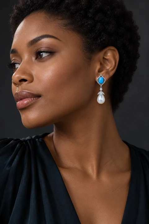 The Bérénice Sonnet Earrings worn on a model — AI-generated styling preview
