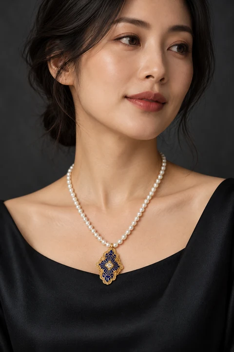 The Delphine Promenade Necklace worn on a model — AI-generated styling preview