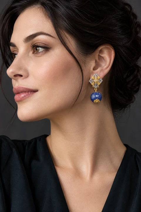 The Isabeau Nocturne Earrings worn on a model — AI-generated styling preview