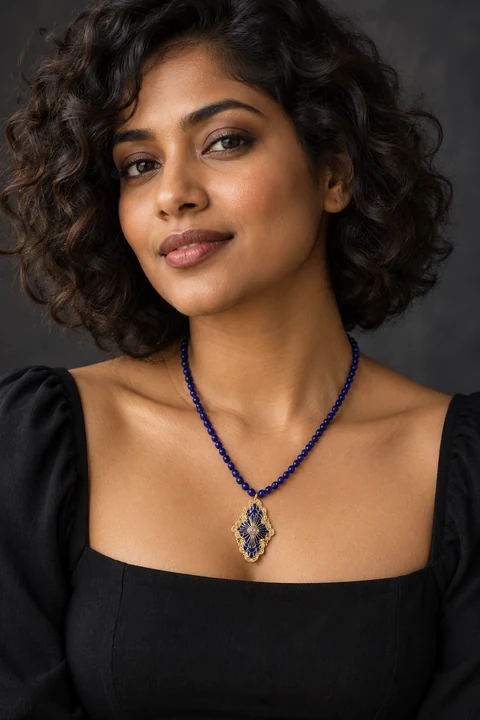 The Isabeau Nocturne Necklace worn on a model — AI-generated styling preview