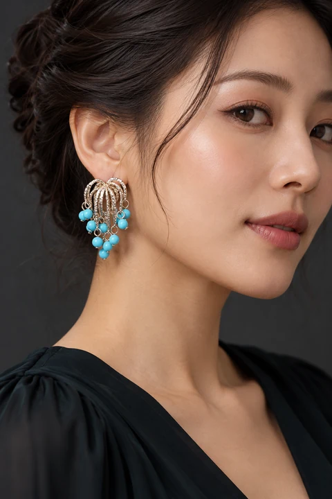 The Mireille Éclat Blue Earrings worn on a model — AI-generated styling preview