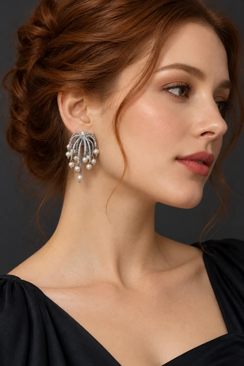 The Mireille Éclat White Earrings worn on a model — AI-generated styling preview