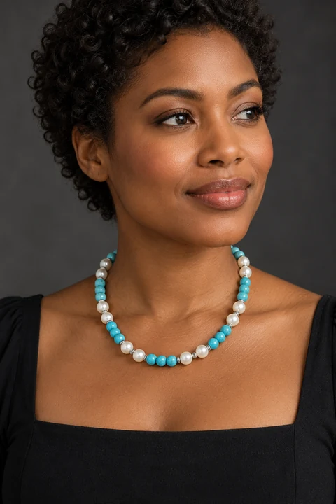 The Mireille Éclat Turquoise Blue Necklace worn on a model — AI-generated styling preview