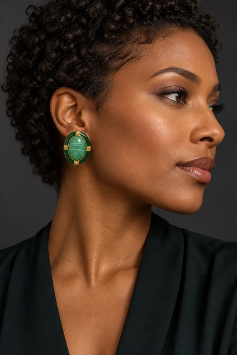 The Rose Sonata Green Earrings worn on a model — AI-generated styling preview