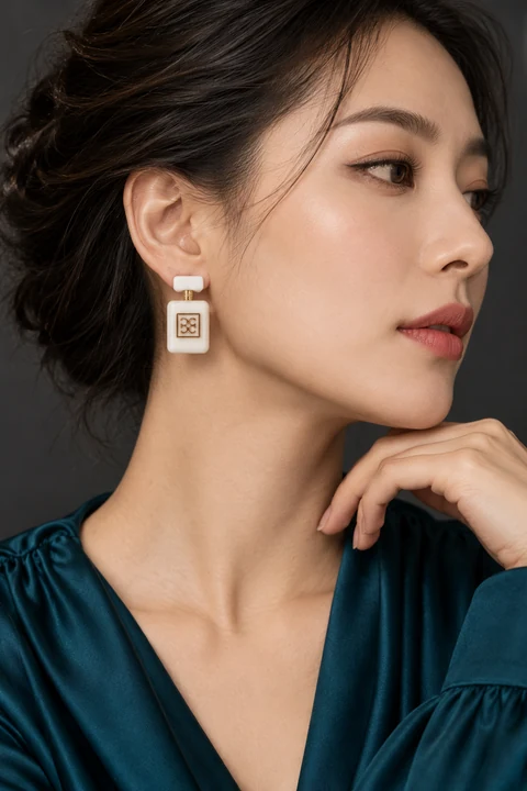 The Laure Nocturne White Earrings worn on a model — AI-generated styling preview
