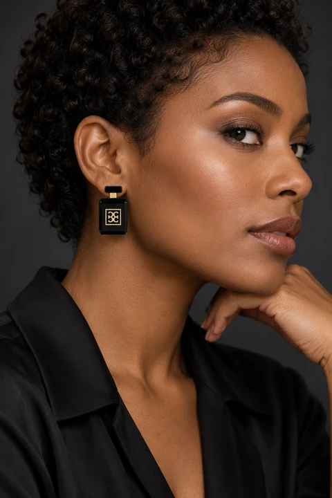 The Laure Nocturne Black Earrings worn on a model — AI-generated styling preview
