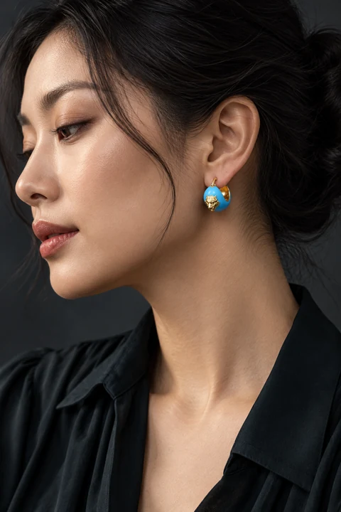 The Cassandre Fleur Blue Earrings worn on a model — AI-generated styling preview