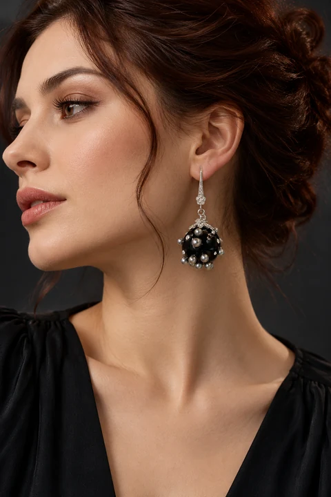 The Agnès Romance Black Earrings worn on a model — AI-generated styling preview