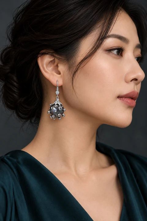 The Agnès Romance Grey Earrings worn on a model — AI-generated styling preview