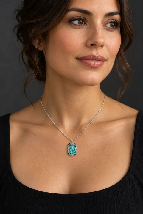 The Hortense Sonnet Necklace worn on a model — AI-generated styling preview