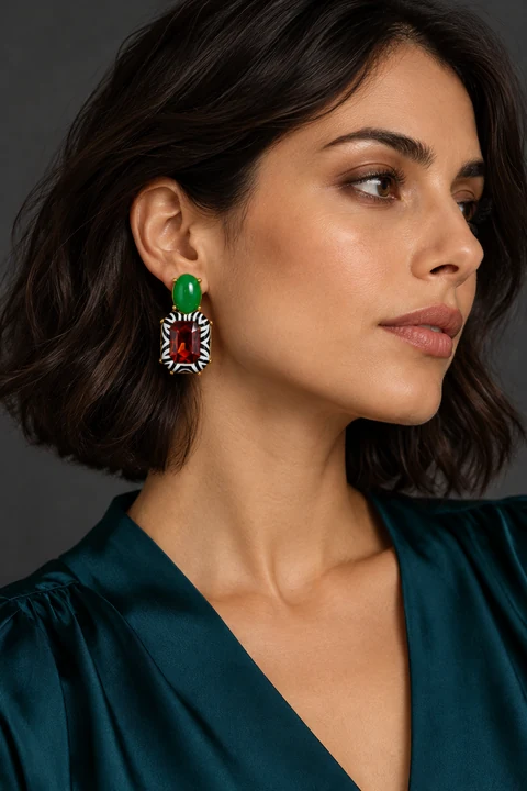 The Belle Rhapsody Earrings worn on a model — AI-generated styling preview