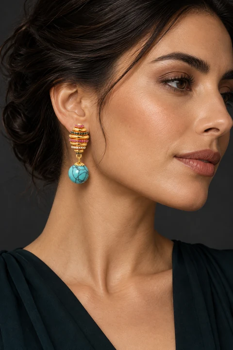 The Violette Nocturne Earrings worn on a model — AI-generated styling preview