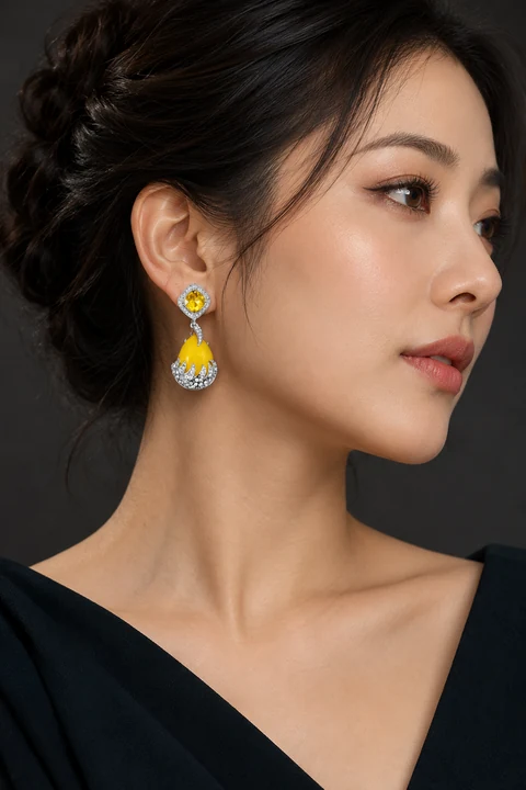 The Éveline Sonata Yellow Earrings worn on a model — AI-generated styling preview