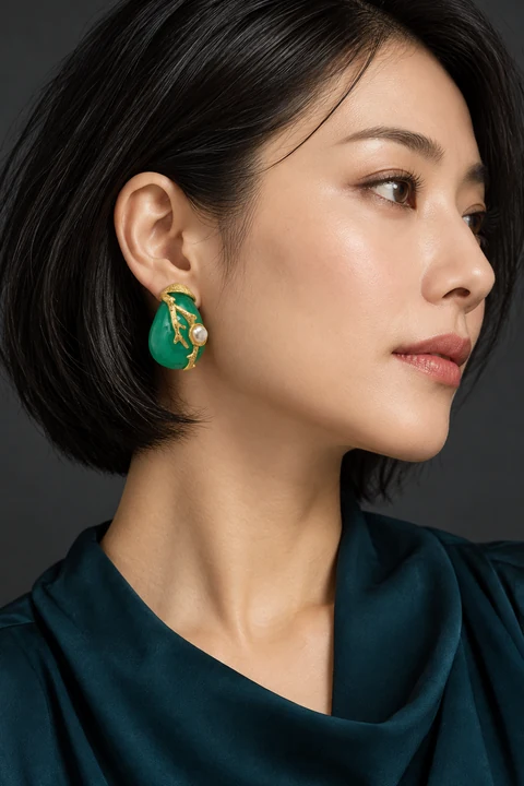 The Liliane Reverie Green Earrings worn on a model — AI-generated styling preview