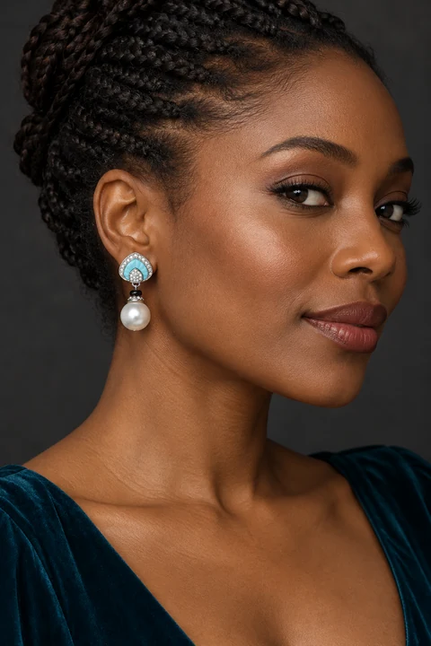 The Margot Poème Earrings worn on a model — AI-generated styling preview