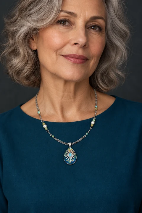 The Salomé Arabesque Necklace worn on a model — AI-generated styling preview