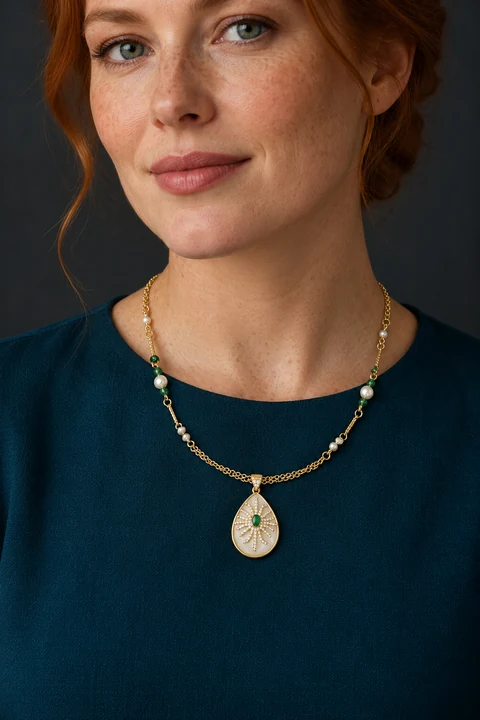 The Salomé Arabesque Necklace worn on a model — AI-generated styling preview