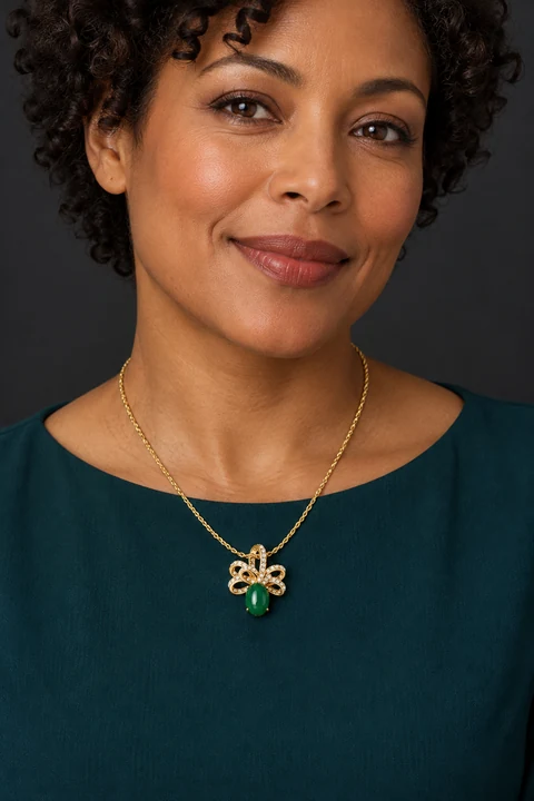 The Éliane Fleur Green Necklace worn on a model — AI-generated styling preview