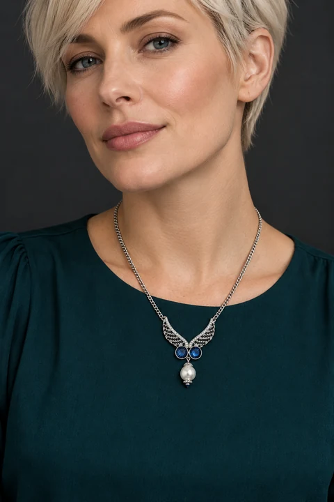The Dahlia Poème Necklace worn on a model — AI-generated styling preview