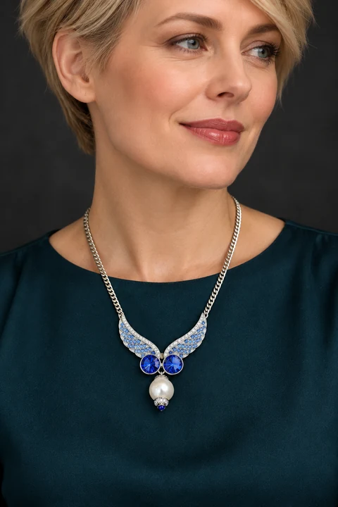 The Dahlia Poème Necklace worn on a model — AI-generated styling preview